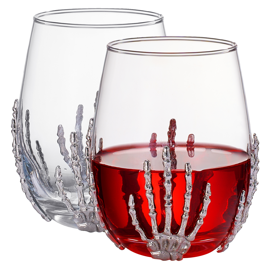 Stemless skeleton wine glass set of two with silver bloody hand design and 17oz capacity