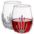 Stemless skeleton wine glass set of two with silver bloody hand design and 17oz capacity