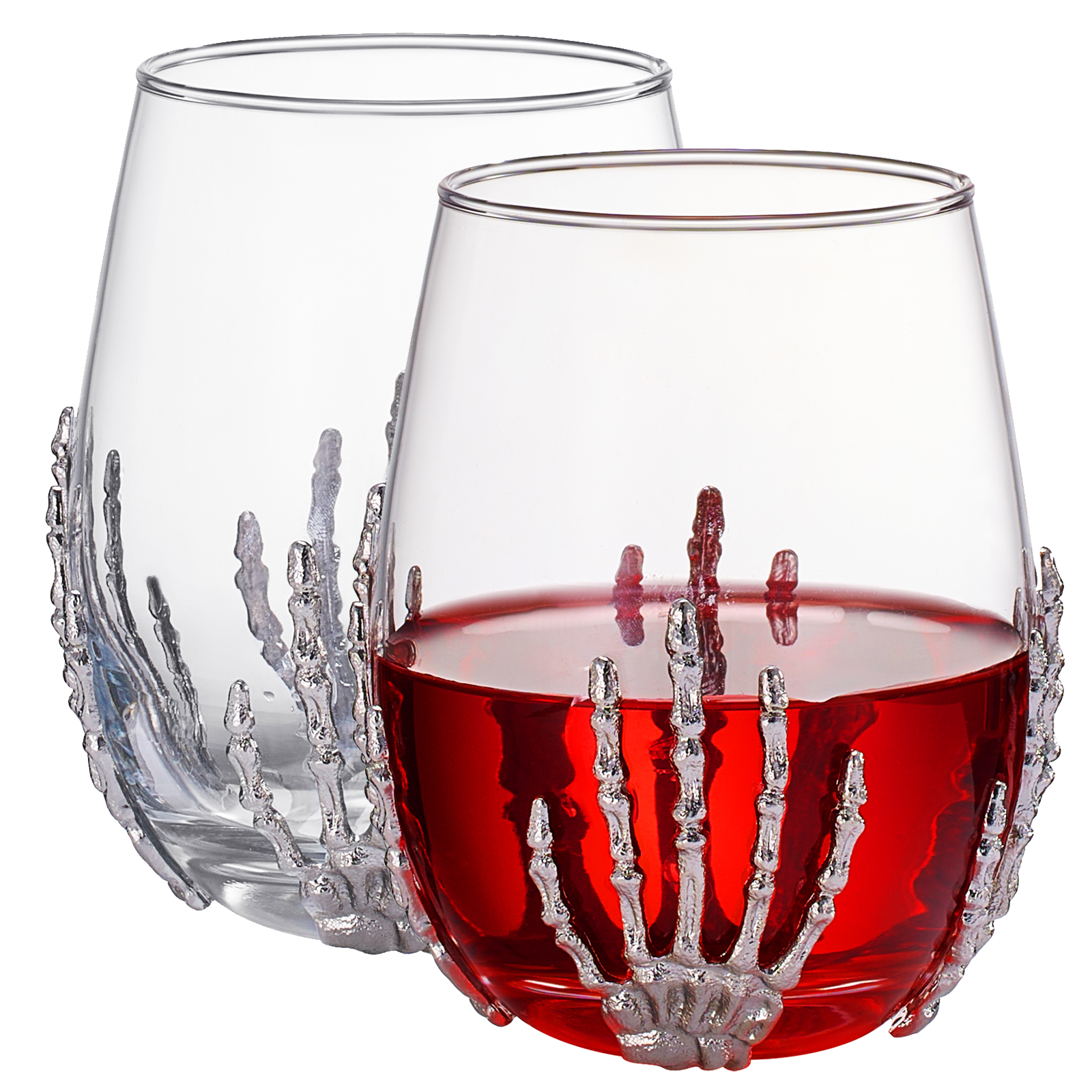 Stemless skeleton wine glass set of two with silver bloody hand design and 17oz capacity
