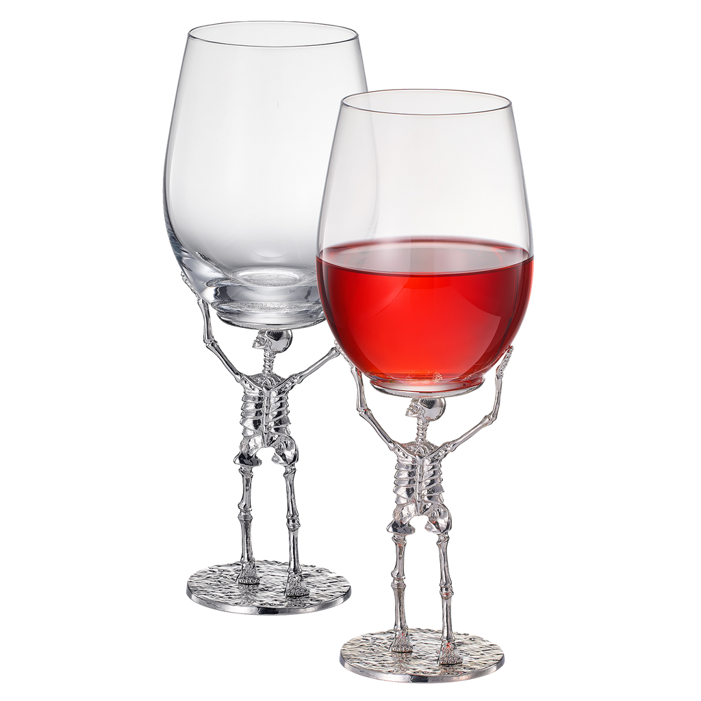 Skeleton stemmed wine glasses featuring silver finish bone stems and clear glass bowls