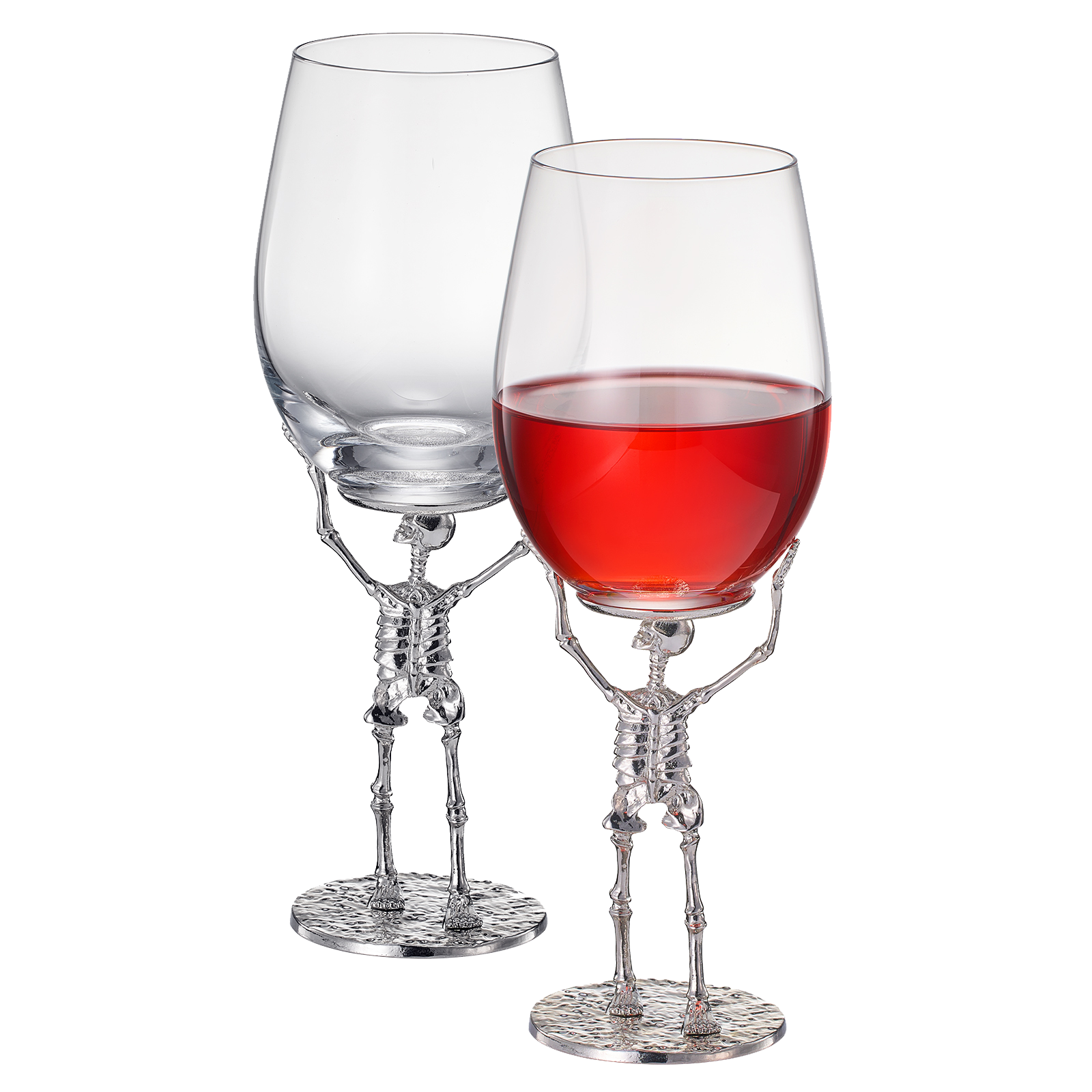Skeleton stemmed wine glasses featuring silver finish bone stems and clear glass bowls