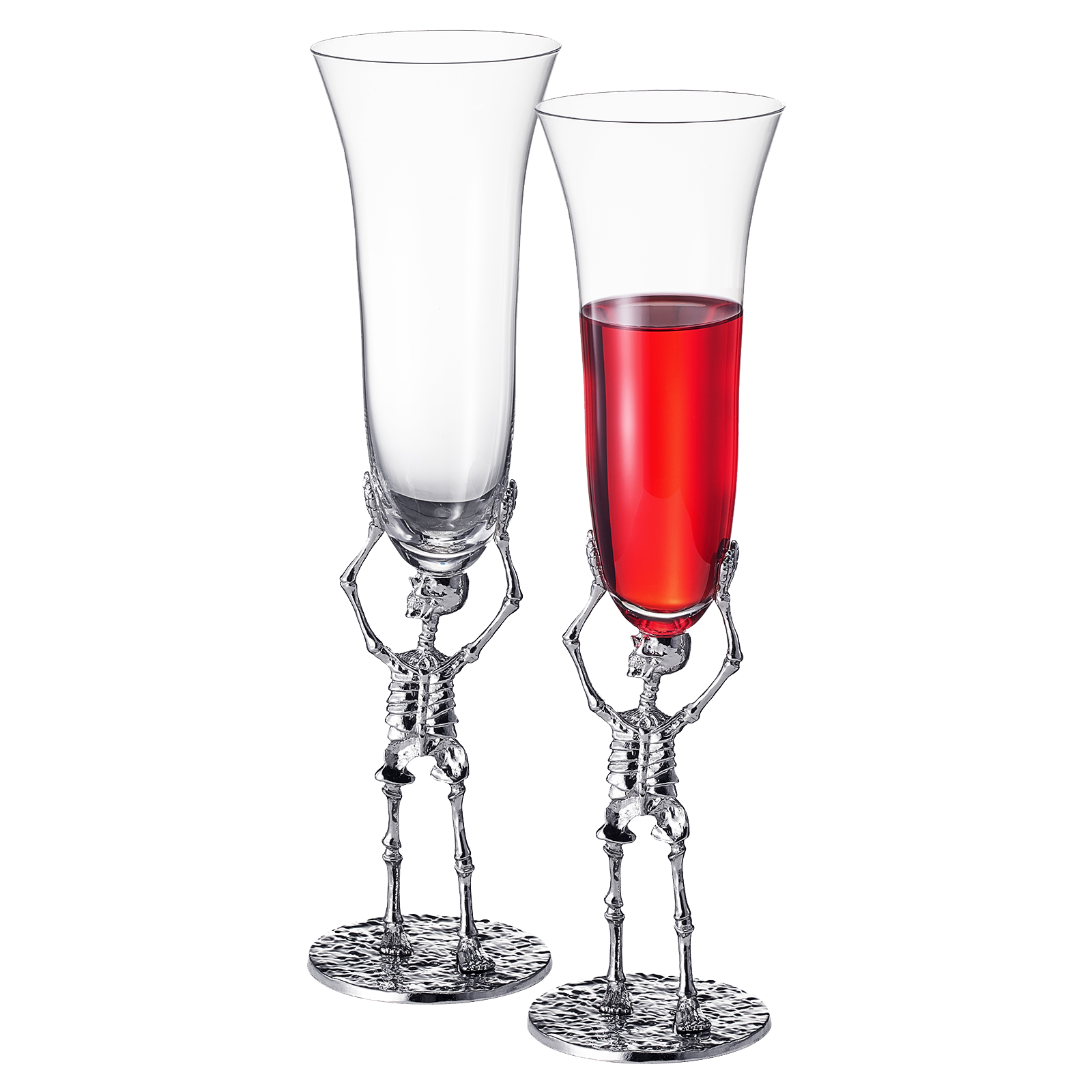 Stemmed skeleton champagne flute set of two in clear glass with intricate bone details