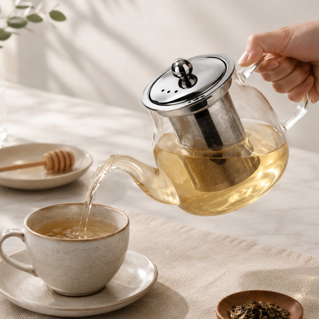 Loose leaf tea set featuring a borosilicate glass teapot, stainless steel spoon, and artisan tea blend — view 5