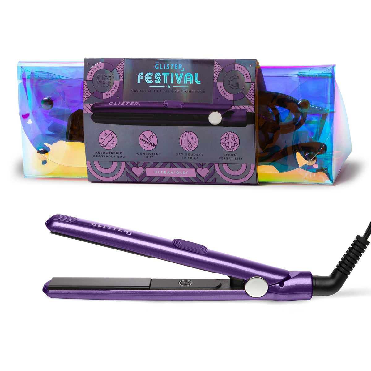 GLISTER "Festival Mode" Styling Kit | Mini Flat Iron, Detangling Brush, Comb & Sectioning Clips-2