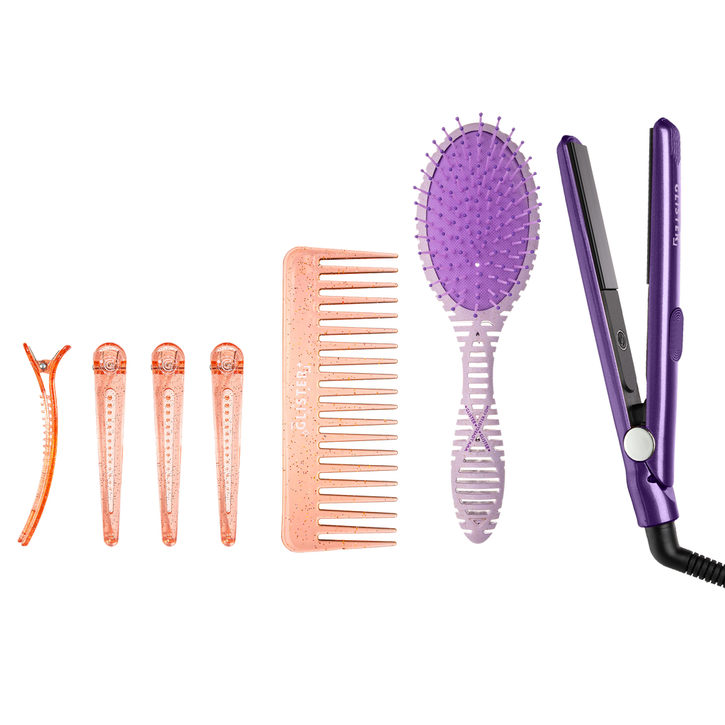 GLISTER "Festival Mode" Styling Kit | Mini Flat Iron, Detangling Brush, Comb & Sectioning Clips-0
