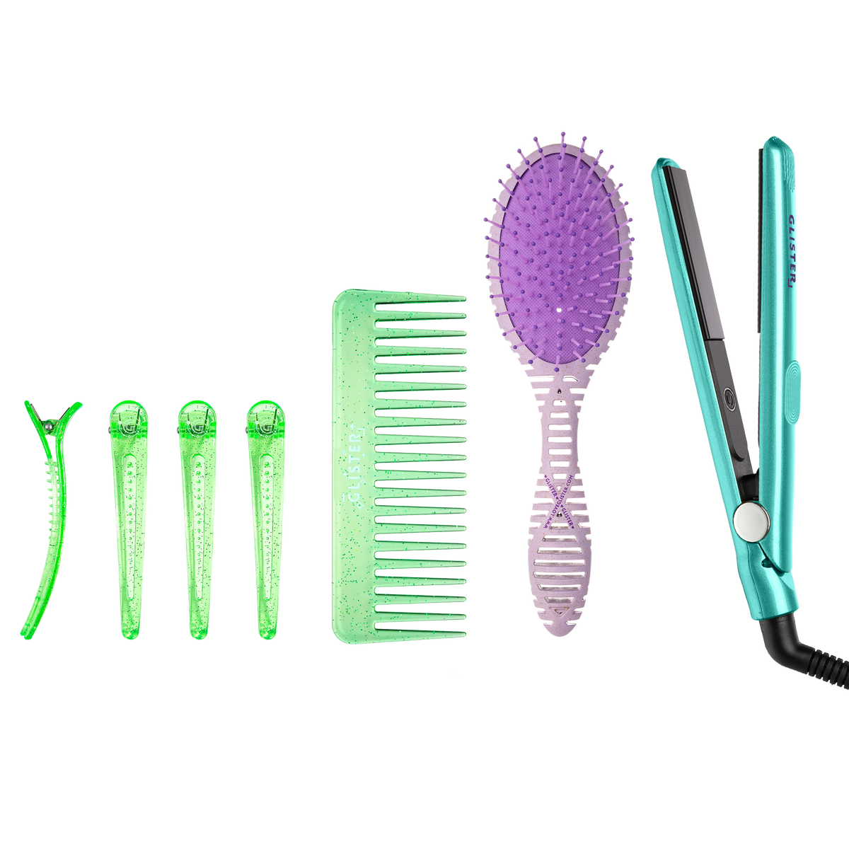 GLISTER "Festival Mode" Styling Kit | Mini Flat Iron, Detangling Brush, Comb & Sectioning Clips-5