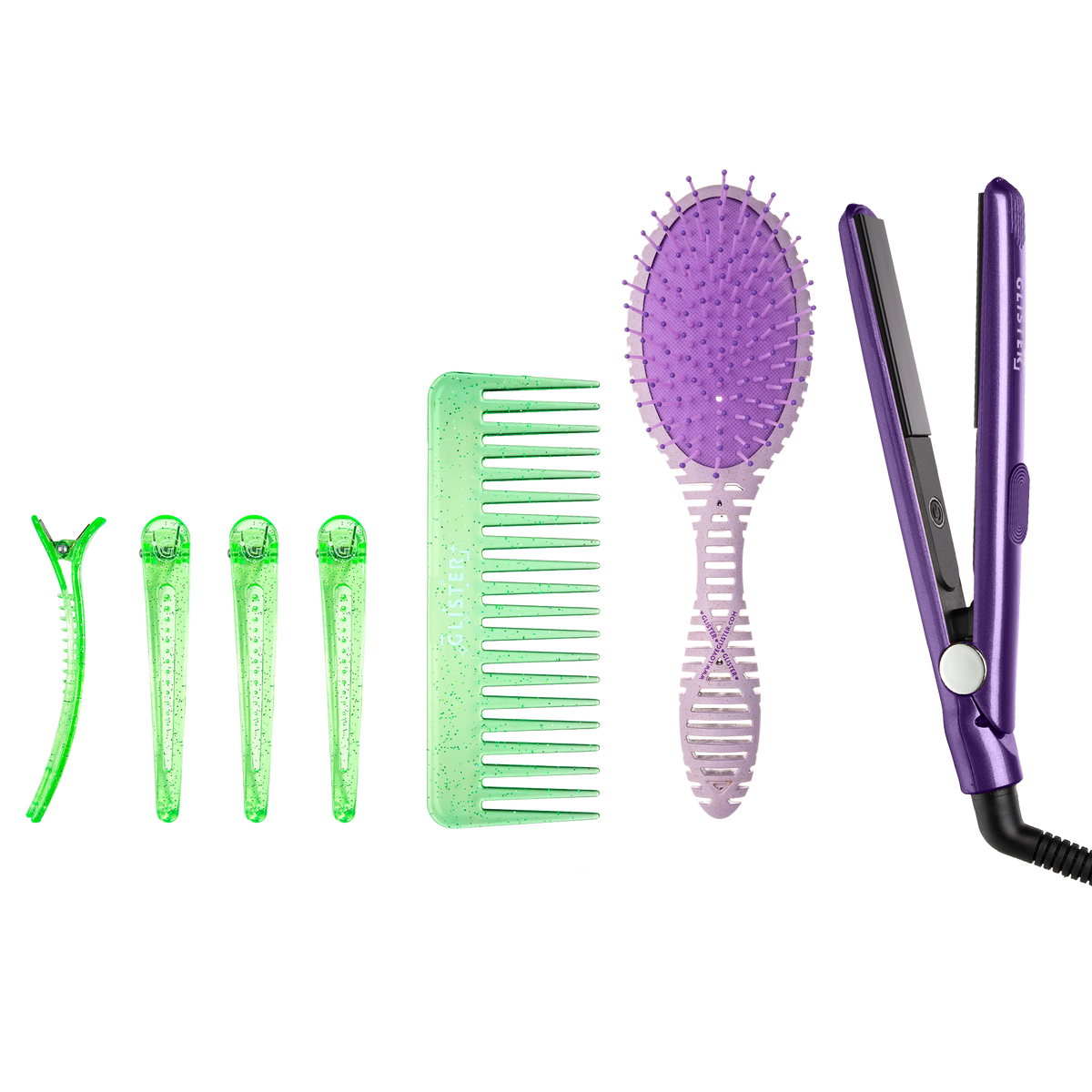 GLISTER "Festival Mode" Styling Kit | Mini Flat Iron, Detangling Brush, Comb & Sectioning Clips-6
