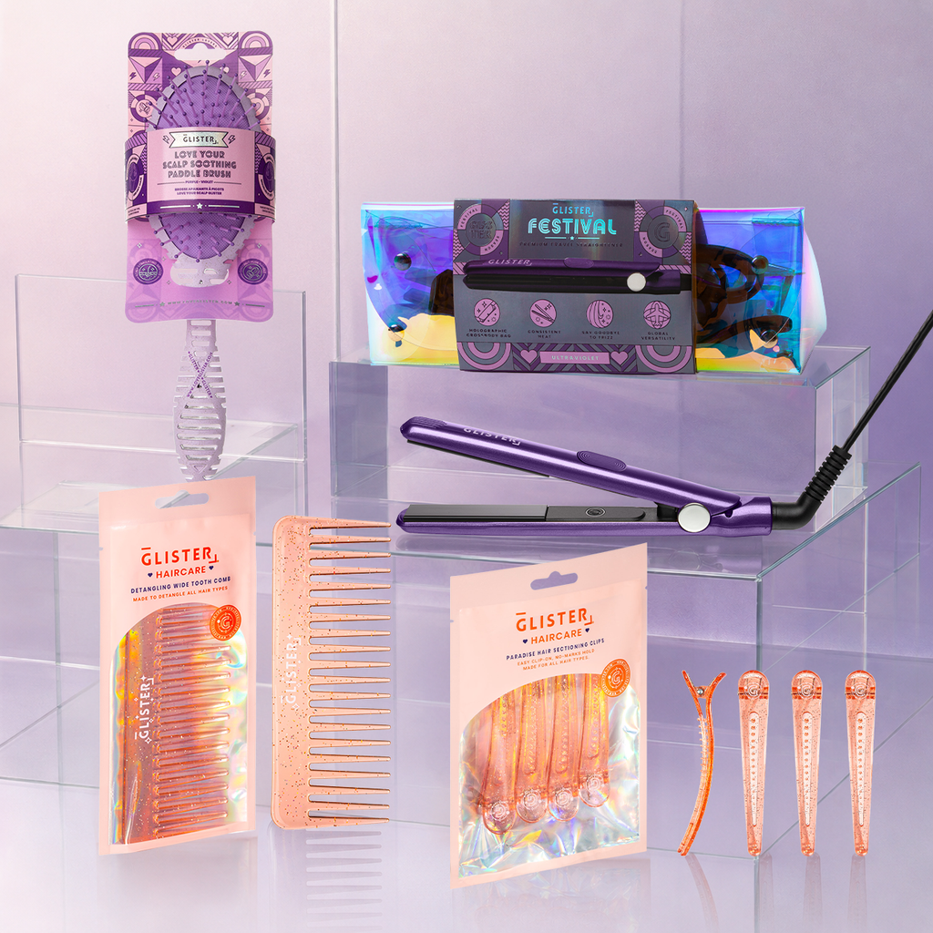 GLISTER "Festival Mode" Styling Kit | Mini Flat Iron, Detangling Brush, Comb & Sectioning Clips-1