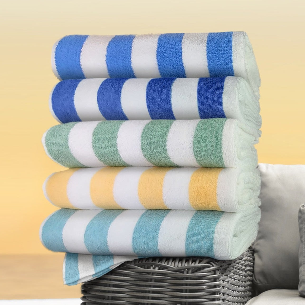Two pack of cabana striped cotton beach towels in vibrant vat dyed colors — view 2