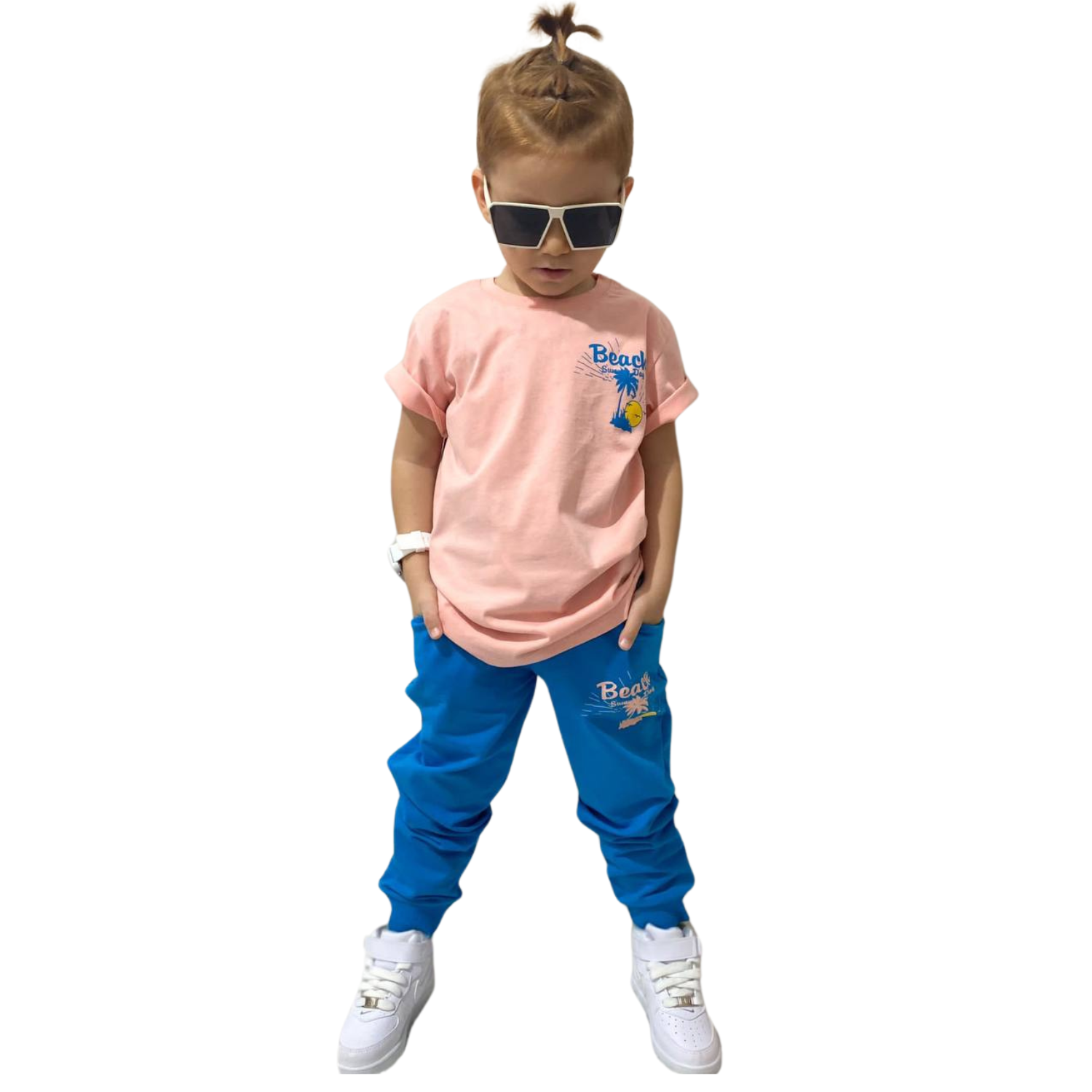 Beach dude boys jogger set featuring a blue cotton printed top and matching lightweight cotton pants