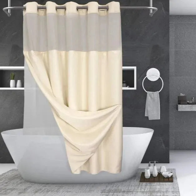 Hookless weighted shower curtains in polyester fabric with sheer top window and removable snap-in liner — view 3