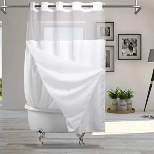 Hookless weighted shower curtains in polyester fabric with sheer top window and removable snap-in liner — view 4