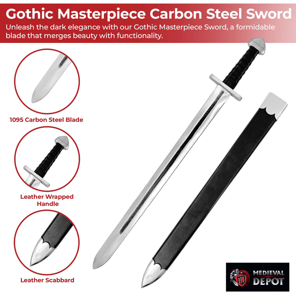 Gothic Masterpiece 1095 High Carbon Steel Sword-2