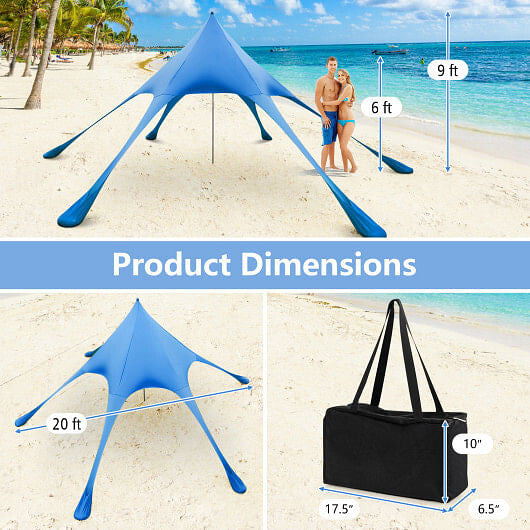 Blue 20x20 beach canopy tent with UPF50 sun protection, sandbags, and aluminum poles setup outdoors — view 6