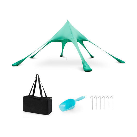 Blue 20x20 beach canopy tent with UPF50 sun protection, sandbags, and aluminum poles setup outdoors — view 2