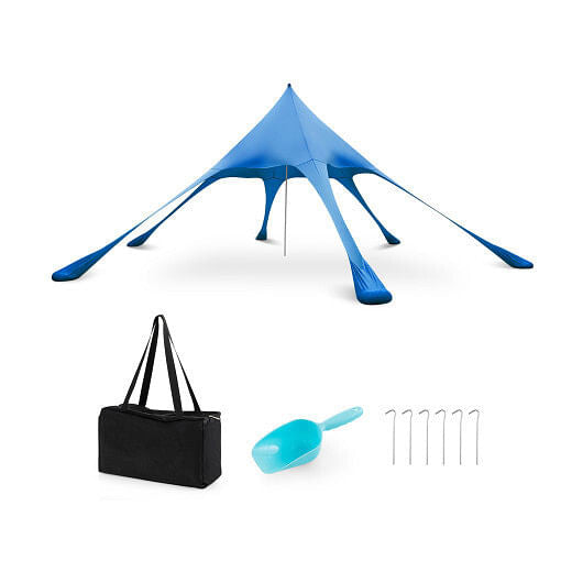 Blue 20x20 beach canopy tent with UPF50 sun protection, sandbags, and aluminum poles setup outdoors