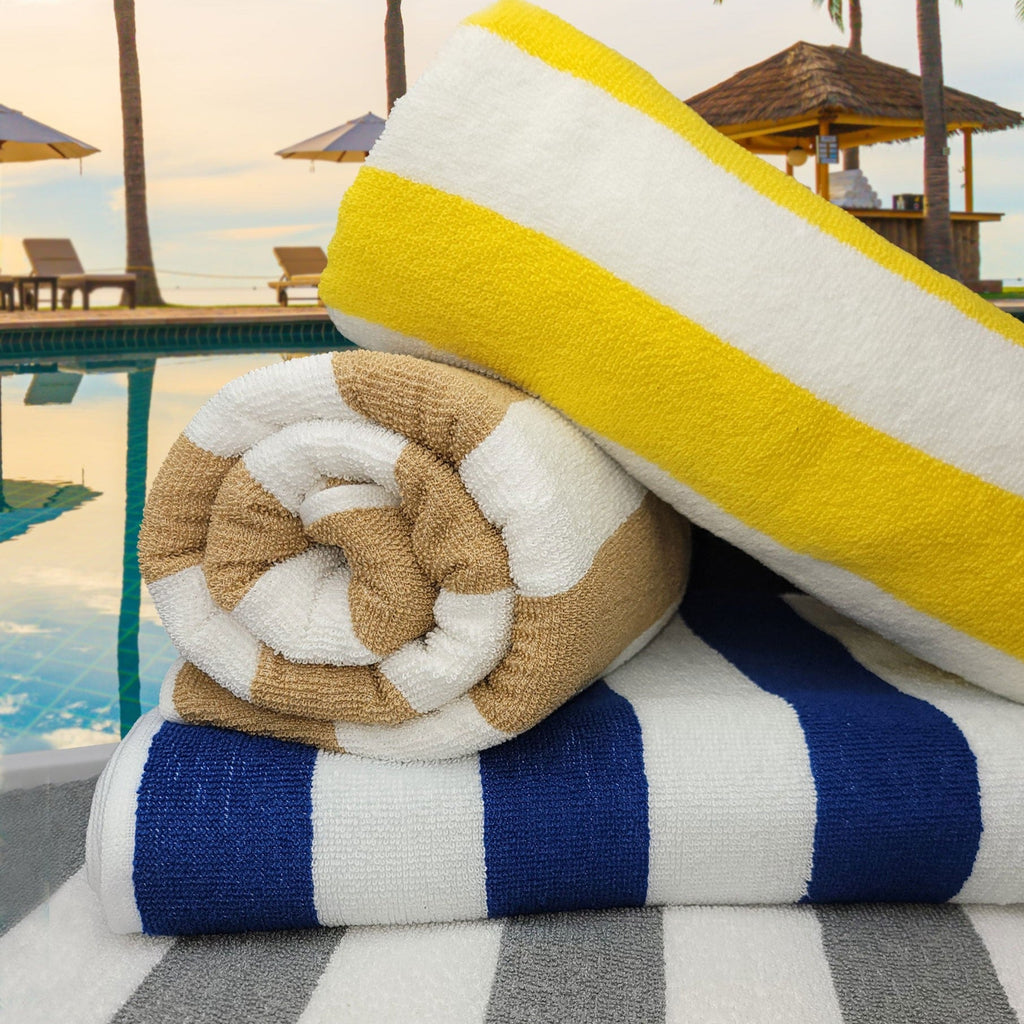 Two pack of cabana striped cotton beach towels in vibrant vat dyed colors