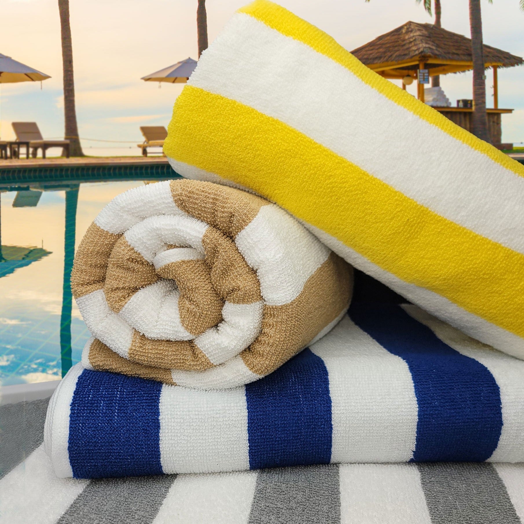 Two pack of cabana striped cotton beach towels in vibrant vat dyed colors
