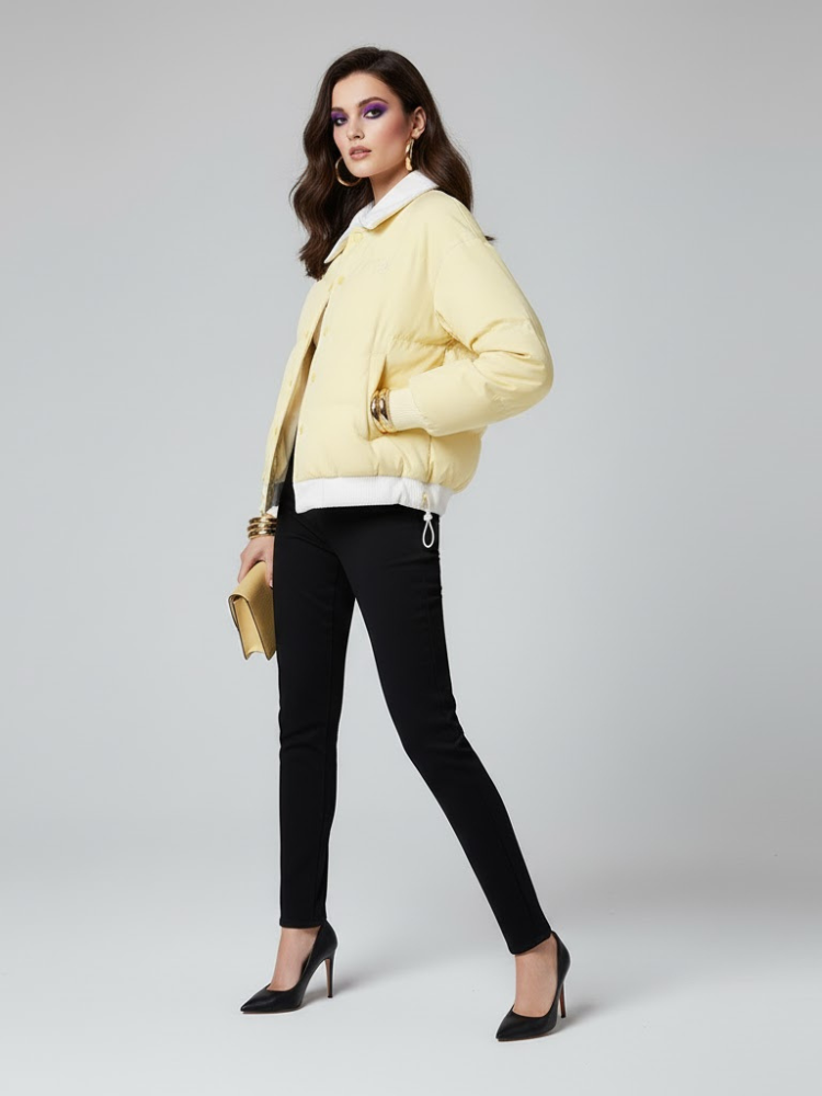Pastel yellow women's tweed jacket with large gold buttons and a tailored cropped silhouette
