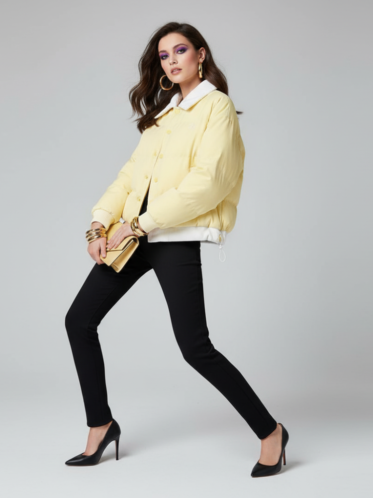 Pastel yellow women's tweed jacket with large gold buttons and a tailored cropped silhouette — view 3