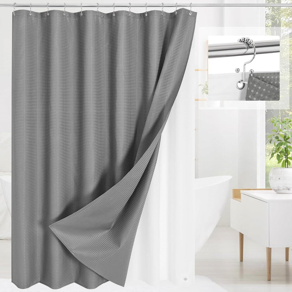 Grey waffle textured fabric shower curtain set with clear PEVA liner and stainless steel hooks