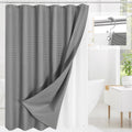 Grey waffle textured fabric shower curtain set with clear PEVA liner and stainless steel hooks