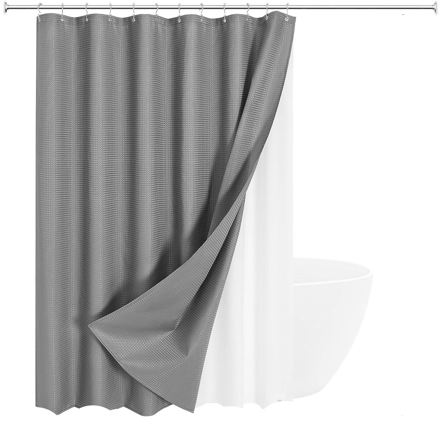 Grey waffle textured fabric shower curtain set with clear PEVA liner and stainless steel hooks — view 2