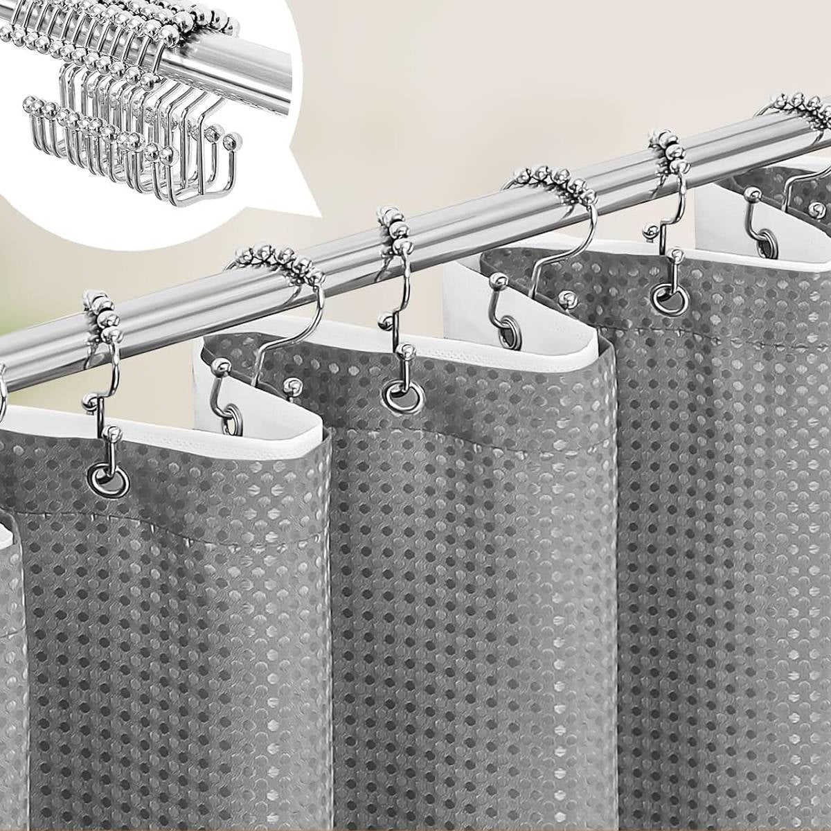 Grey waffle textured fabric shower curtain set with clear PEVA liner and stainless steel hooks — view 3