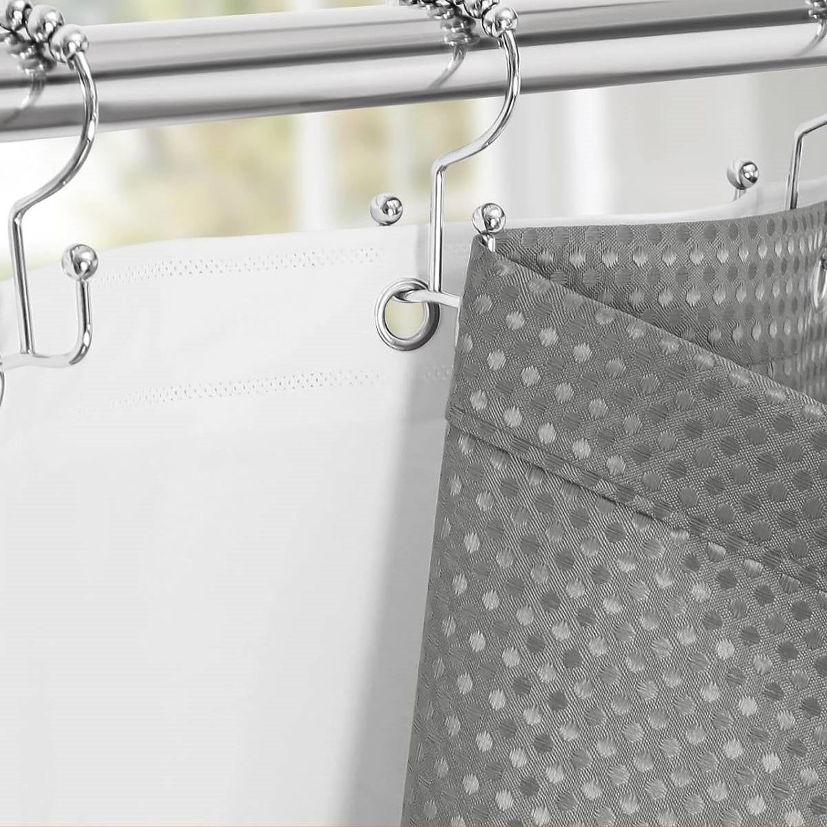 Grey waffle textured fabric shower curtain set with clear PEVA liner and stainless steel hooks — view 4