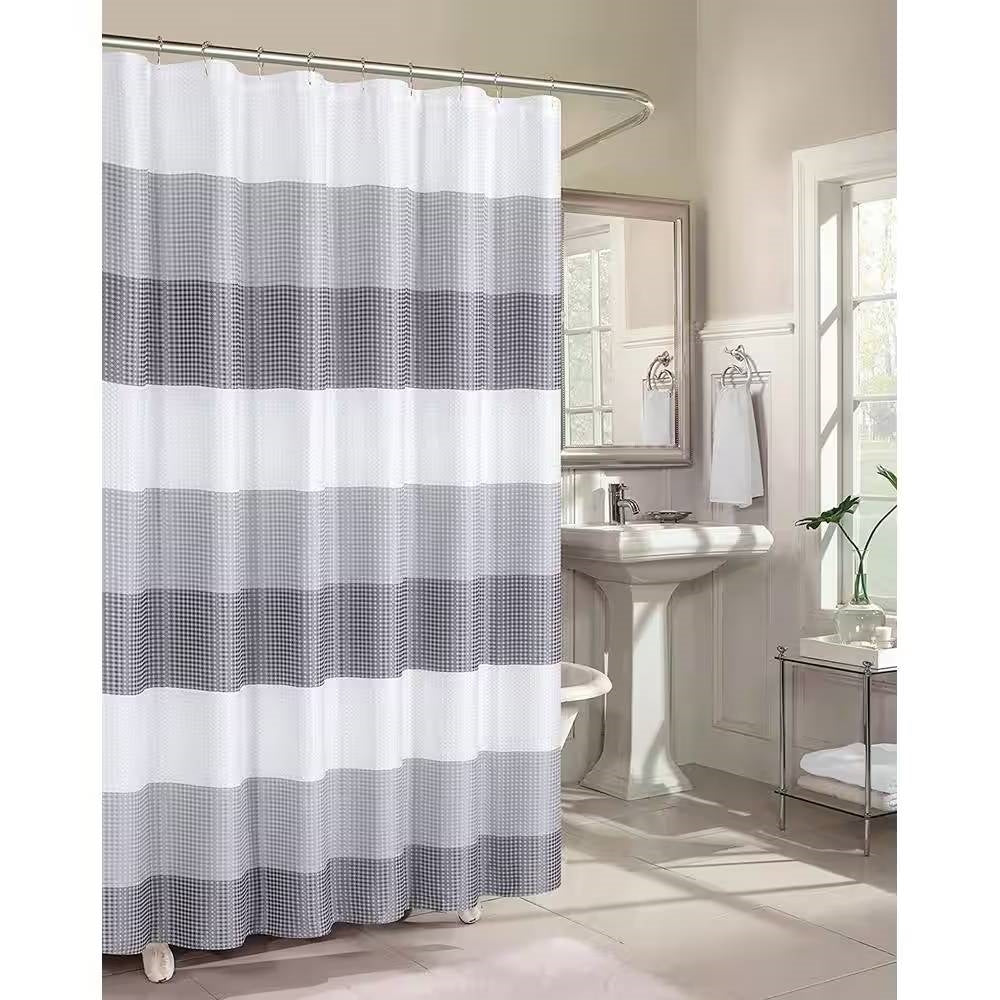 Grey and white striped polyester shower curtain with waffle weave texture for modern bathrooms