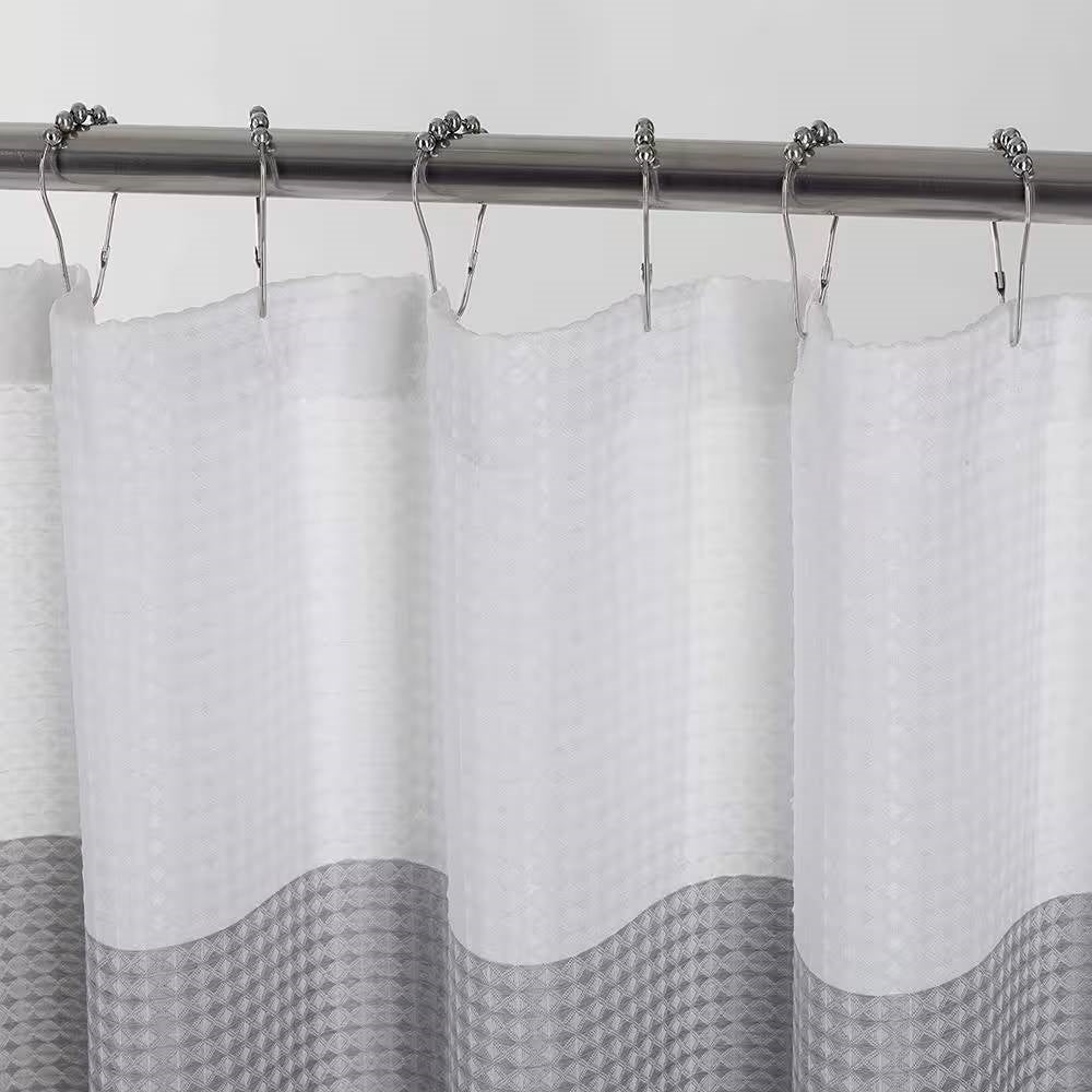 Grey and white striped polyester shower curtain with waffle weave texture for modern bathrooms — view 2