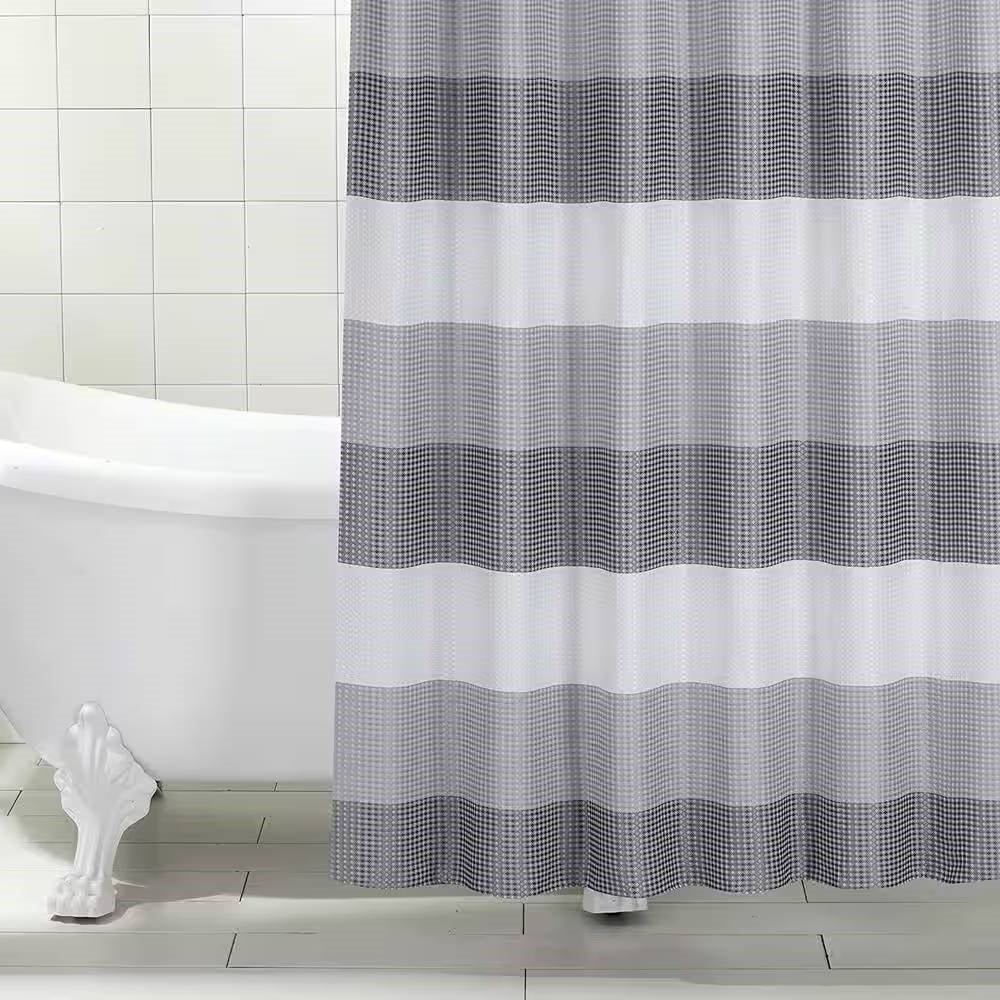 Grey and white striped polyester shower curtain with waffle weave texture for modern bathrooms — view 3