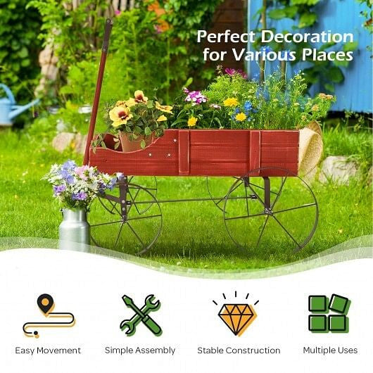 Blue wooden wagon plant bed with metal wheels and handle for outdoor garden patio displays — view 5