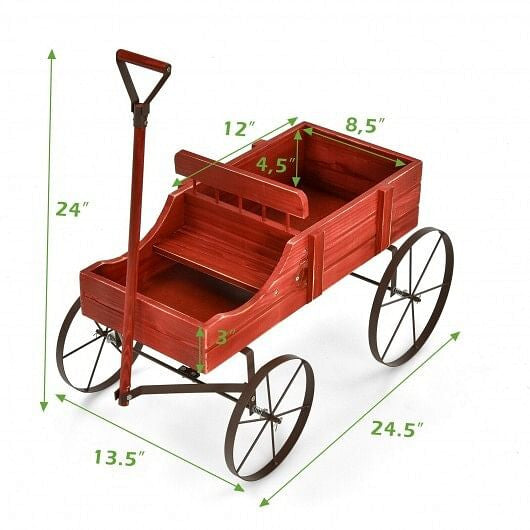 Blue wooden wagon plant bed with metal wheels and handle for outdoor garden patio displays — view 6
