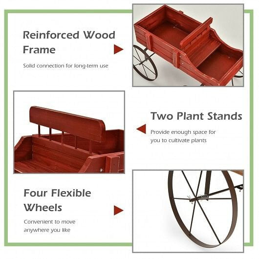 Blue wooden wagon plant bed with metal wheels and handle for outdoor garden patio displays — view 4