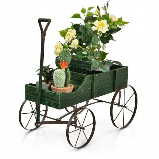 Blue wooden wagon plant bed with metal wheels and handle for outdoor garden patio displays — view 2