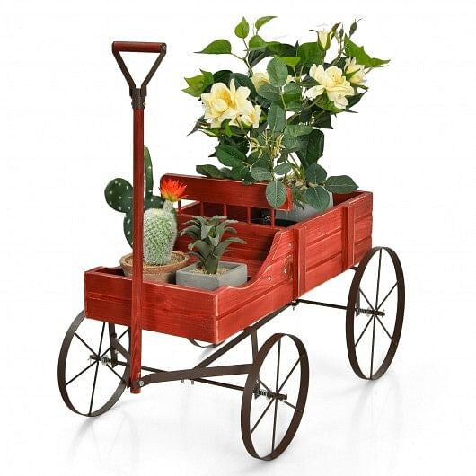 Blue wooden wagon plant bed with metal wheels and handle for outdoor garden patio displays