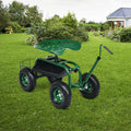 Blue rolling garden cart scooter with extendable handle, rubber tires, and under-seat tool storage tray.