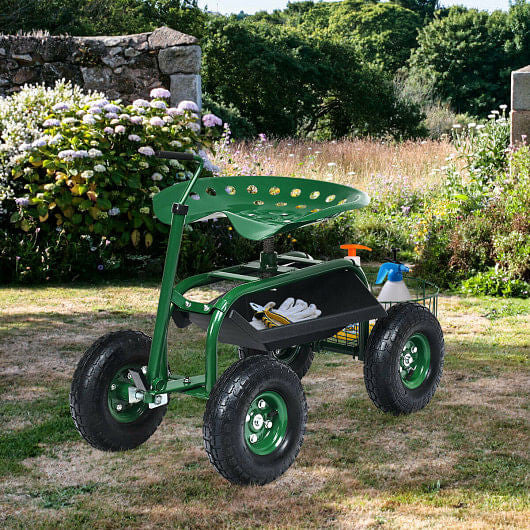 Blue rolling garden cart scooter with extendable handle, rubber tires, and under-seat tool storage tray. — view 2