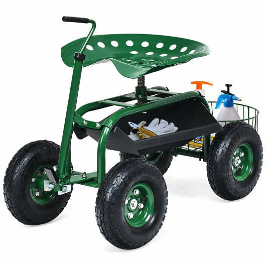 Blue rolling garden cart scooter with extendable handle, rubber tires, and under-seat tool storage tray. — view 3