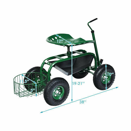Blue rolling garden cart scooter with extendable handle, rubber tires, and under-seat tool storage tray. — view 4