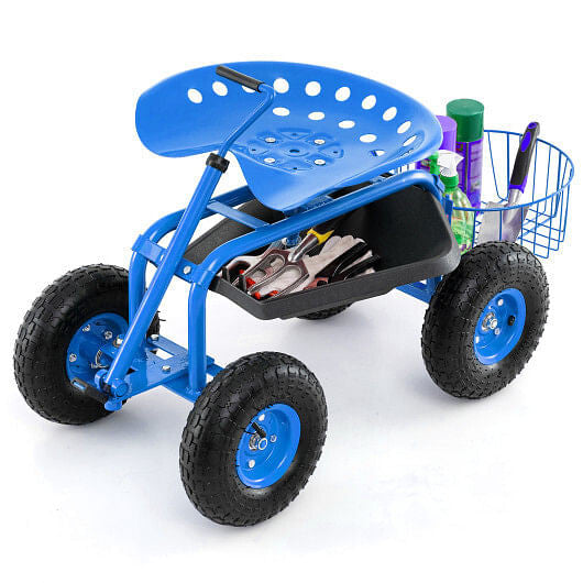 Blue rolling garden cart scooter with extendable handle, rubber tires, and under-seat tool storage tray. — view 5