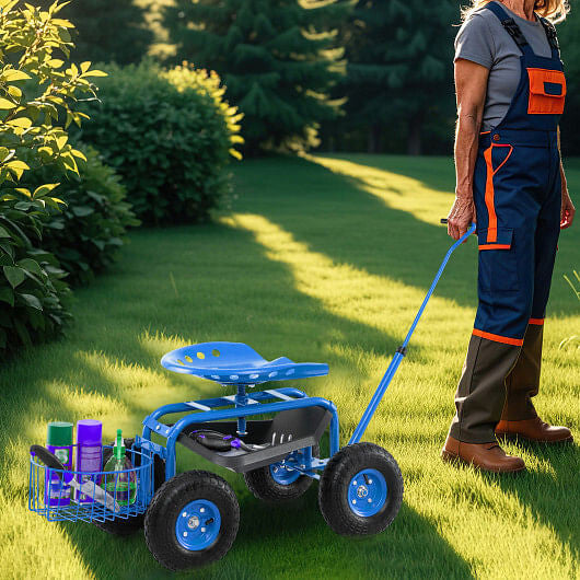 Blue rolling garden cart scooter with extendable handle, rubber tires, and under-seat tool storage tray. — view 6