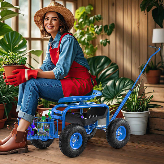 Blue rolling garden cart scooter with extendable handle, rubber tires, and under-seat tool storage tray. — view 7