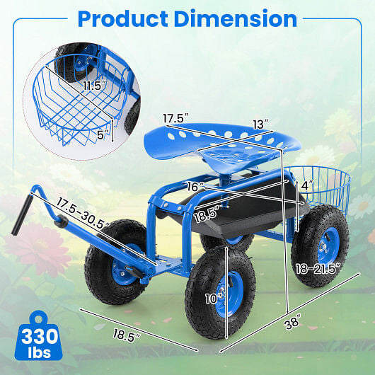 Blue rolling garden cart scooter with extendable handle, rubber tires, and under-seat tool storage tray. — view 8