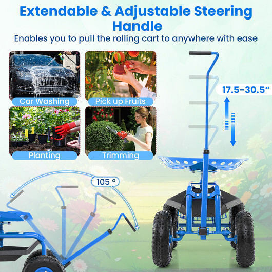 Blue rolling garden cart scooter with extendable handle, rubber tires, and under-seat tool storage tray. — view 9
