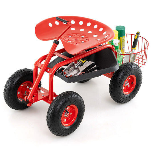 Blue rolling garden cart scooter with extendable handle, rubber tires, and under-seat tool storage tray. — view 10