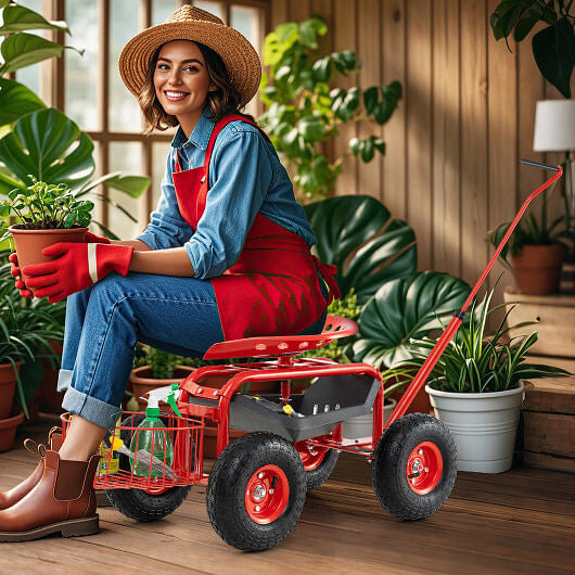 Blue rolling garden cart scooter with extendable handle, rubber tires, and under-seat tool storage tray. — view 12