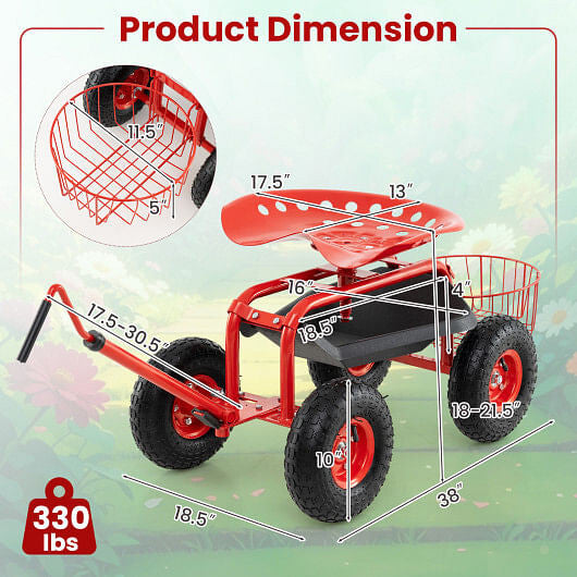 Blue rolling garden cart scooter with extendable handle, rubber tires, and under-seat tool storage tray. — view 13