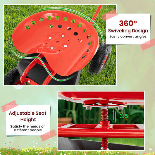 Blue rolling garden cart scooter with extendable handle, rubber tires, and under-seat tool storage tray. — view 14